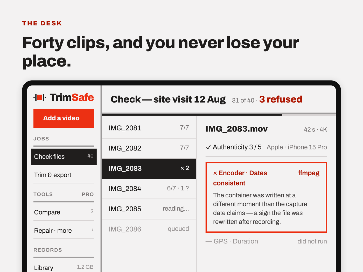 TrimSafe on iPad: the sidebar on the left, a queue of forty clips in the middle, and the selected clip's findings open on the right.