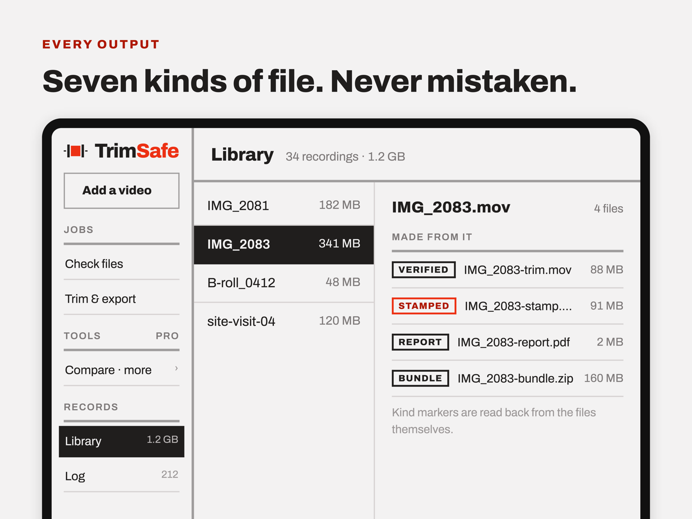 TrimSafe on iPad: the library of recordings on the left; on the right, one recording and the four files made from it, each tagged verified, stamped, report or bundle.